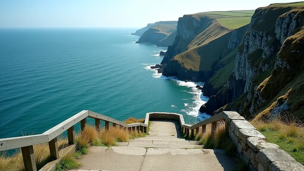 Wide angle view of dramatic coastal cliff path with stone steps carved into the hillside and blue sea visible below