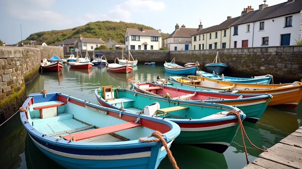 Colorful fishing boats moored in Howth Harbour with stone harbor walls and seaside buildings in the background