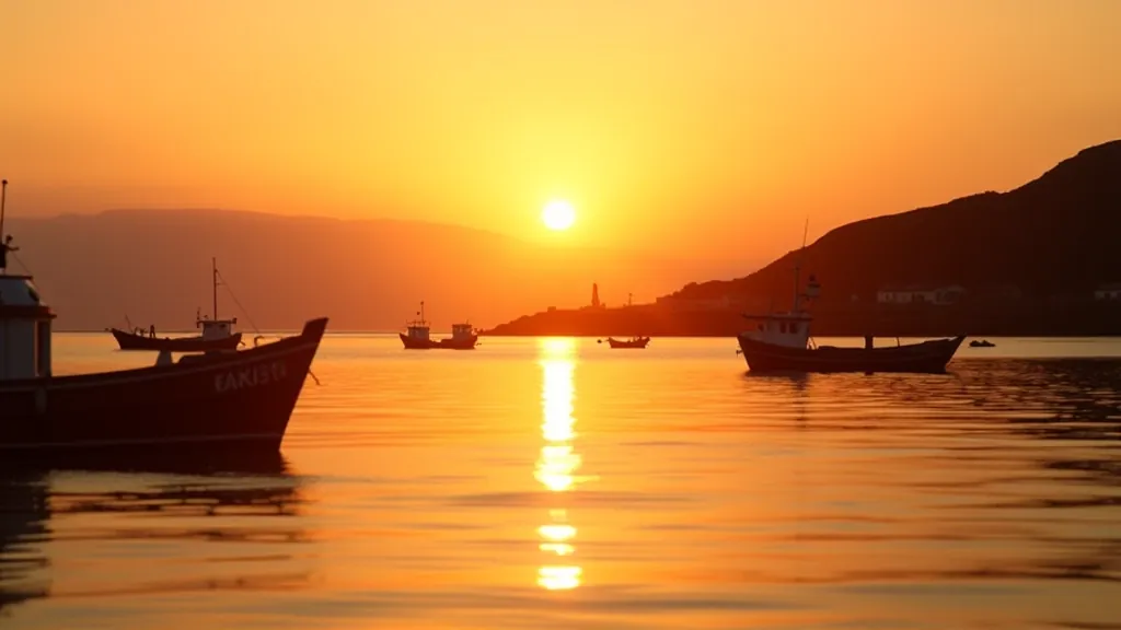 Sunset view over Howth Harbour with boats silhouetted against golden sky and calm water reflections