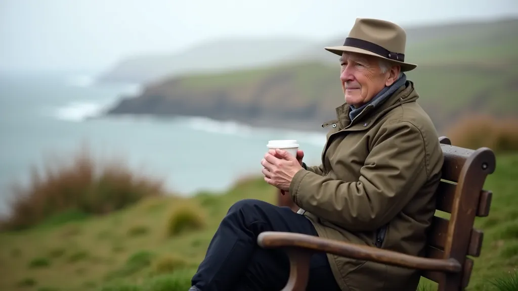 Senior walker with proper gear - comfortable walking shoes, windproof jacket, hat, sitting on coastal bench with tea