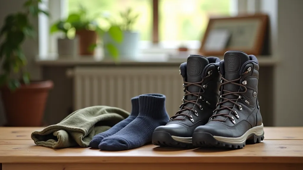 Proper hiking boots and walking gear laid out on wooden table, comfortable and practical outdoor clothing