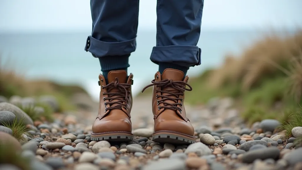 Close-up of well-fitted walking boots on a person standing on a rocky coastal path with ocean views