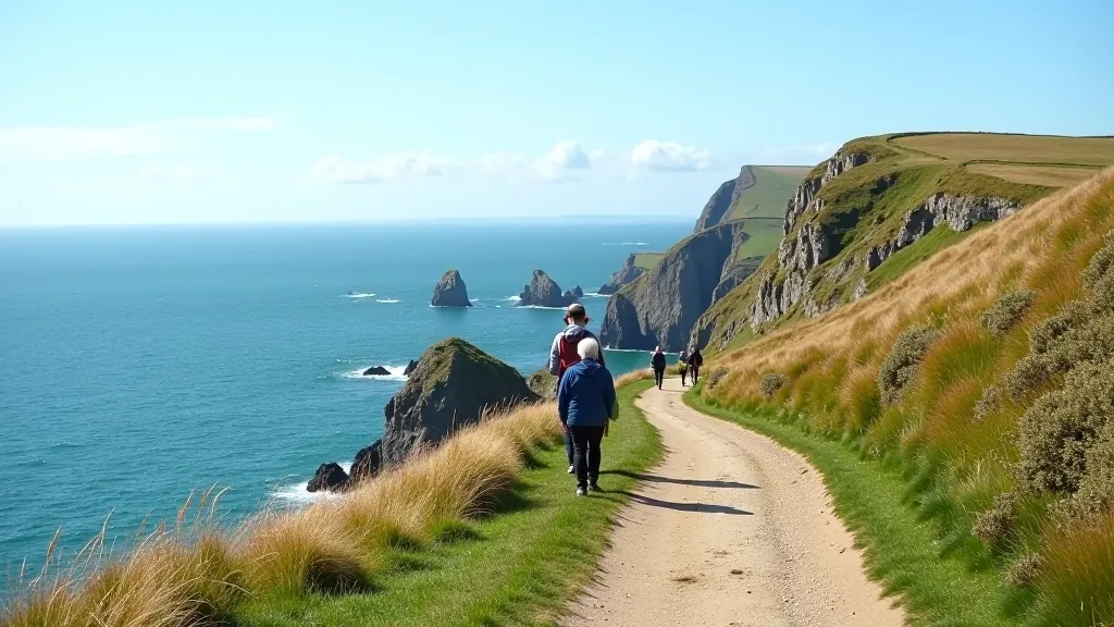 Scenic coastal cliff path with dramatic ocean views and grassy landscape