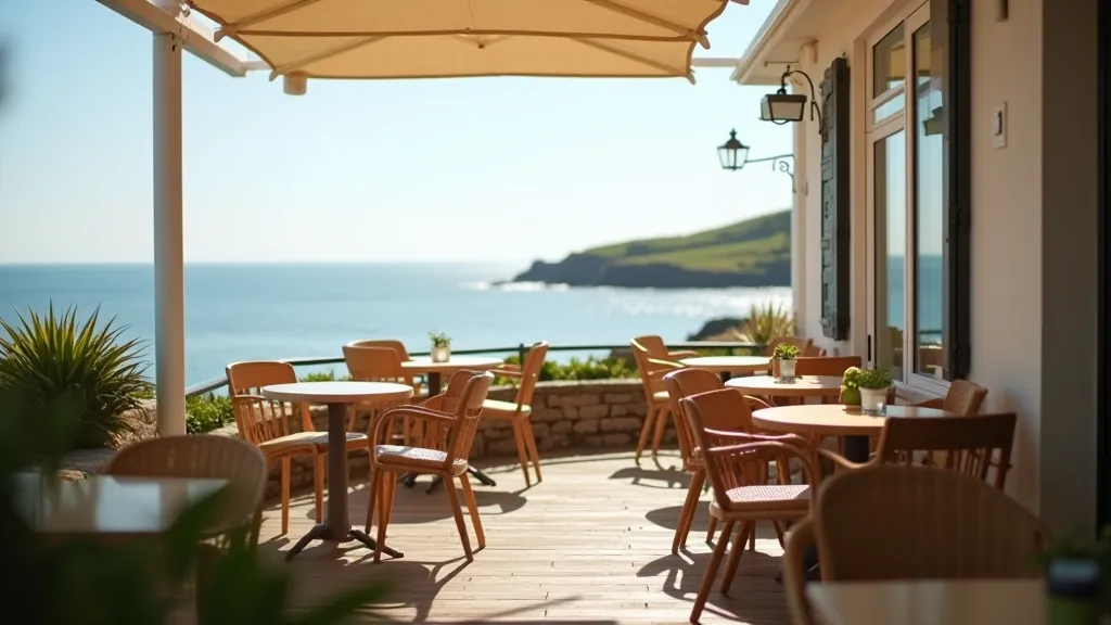 Cosy seaside café with outdoor seating overlooking the water, perfect rest spot for walkers