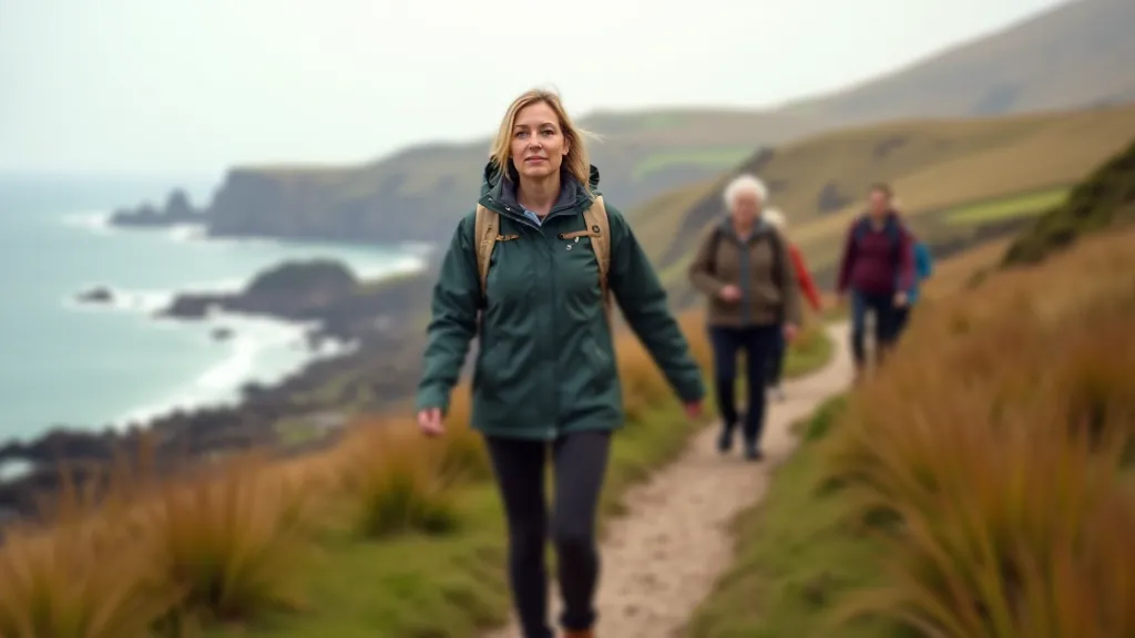Síle O'Donovan leading a group walk along the Howth coastal path, older adults enjoying the seaside trail